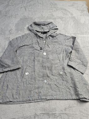 JNY Linen Blend Hooded Tunic Jacket Sz L Black White Striped Coastal Oversized